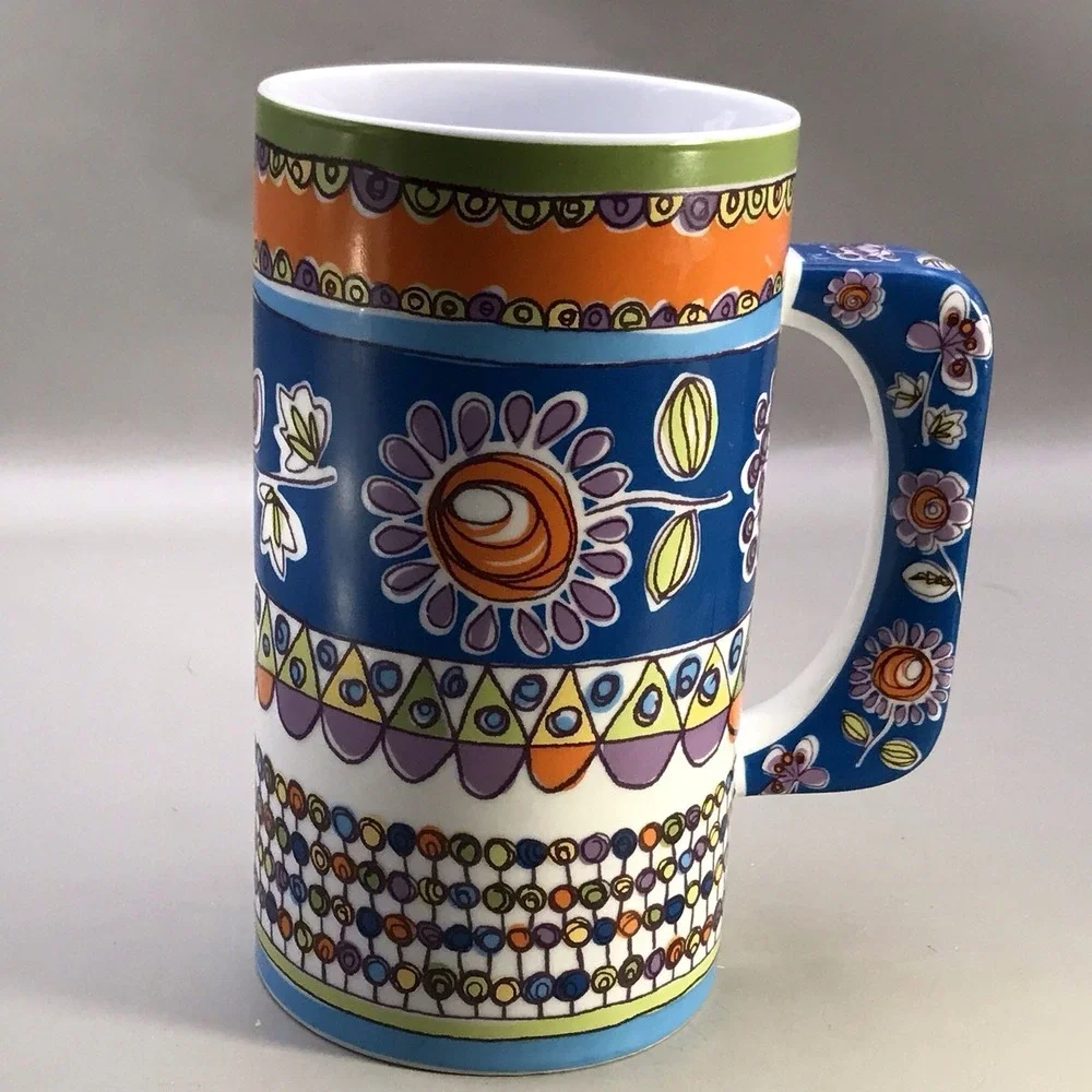 Rare Pier 1 Porcelain‎ Mug Colorful Floral Blue Orange Purple Green 6